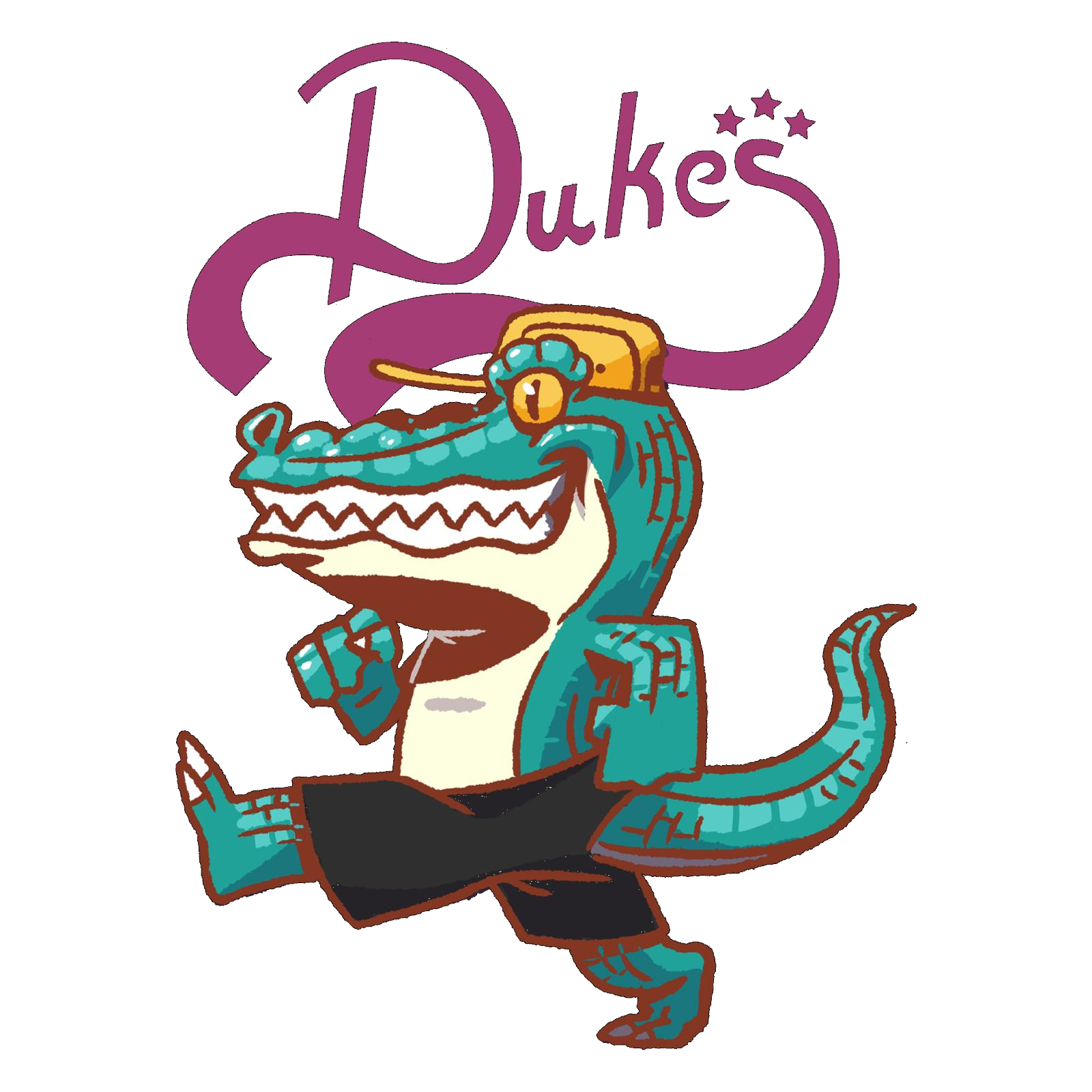 Duke's cartoon alligator mascot wearing a gold hat and walking with a grin